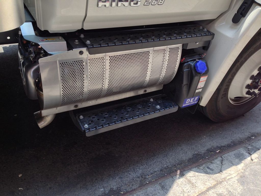 Hino truck and its selective catalytic reduction (SCR) next to the Diesel particulate filter (DPF), diesel exhaust fluid (DEF) 