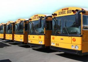 Line of parked school buses, Kern County Superintendent of Schools Bus CNG, Class B CDL to Class A CDL, Driver Training Regulations