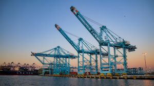 Port of Los Angeles Shipyard Cranes, Warning Lights Flashing At LA Ports