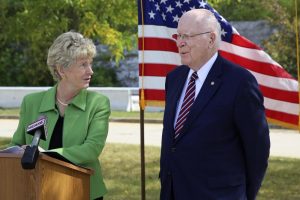 Robin Carnahan, the administrator of the U.S. General Services Administration, left, talks with U.S. Sen. Patrick Leahy, D-Vt, Infrastructure Deal Includes Land Ports