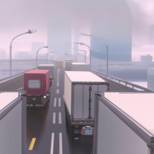 Semis on highway foggy with other cars on two way six lane highway in massive city skyline skyscrapers, anime oil painting, high resolution, ghibli inspired, 4k, ratio 16:9