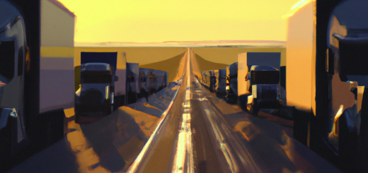 Semis on highway in platoon at sunrise, anime oil painting, high resolution, ghibli inspired, 4k