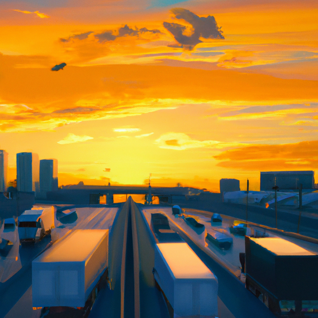 Semis on long highways criss crossing sunset with other cars on two way six lane highway in massive city skyline skyscrapers, anime oil painting, high resolution, ghibli inspired, 4k, ratio 16:9