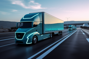 Futuristic Data Infused Self Driving Autonomous Truck Fleet on Highway at dawn