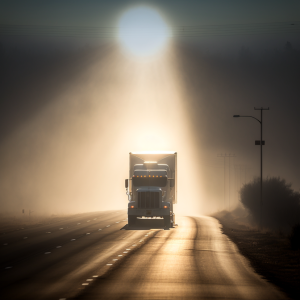 Semi-truck traveling on a highway, illuminated by a sunbeam piercing through a dusty atmosphere, symbolizing the challenges and uncertainties in the freight industry amidst a freight recession impact.