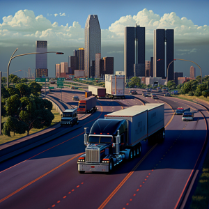 Semi on highway in day with traffic and city skyscrapers behind
