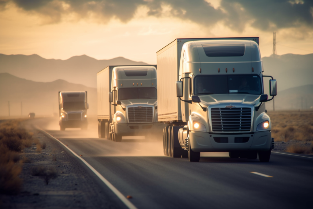 A convoy of trucks moving along a dusty road, with the sun rising in the background, depicting the start of a new day in trucking.