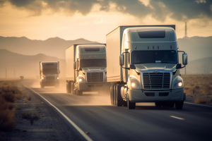  A fleet of trucks driving along a dusty road at sunrise, symbolizing the freight market outlook for 2023.