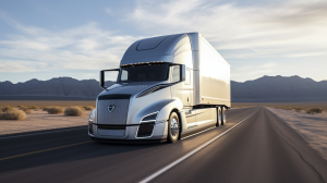 Futuristic Self Driving Autonomous Truck on desert highway