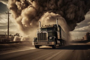 Truck with trailer on dusty road with big explosion in background