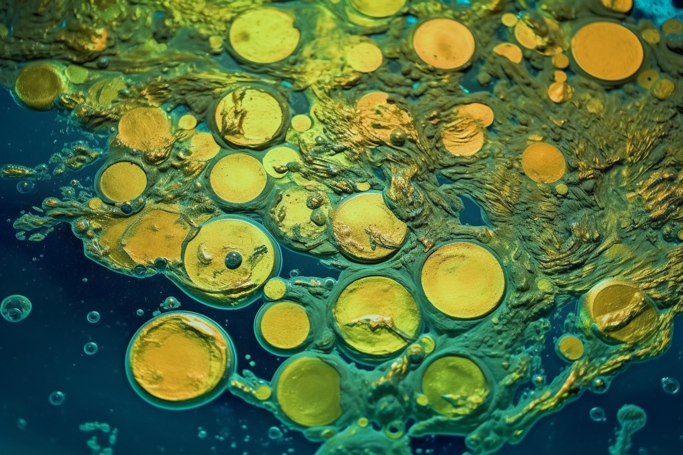Gold coins swirling in toxic chemicals and hazardous waste