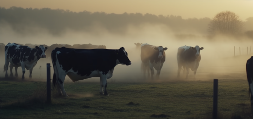 Dairy cows in field surrounded by smoke