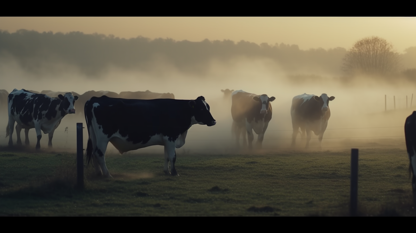 Dairy cows in field surrounded by smoke
