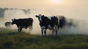 Dairy cows in field surrounded by smoke, Dairy cows grazing in the field after the explosion, stock photo