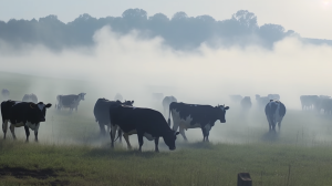 Dairy cows in field surrounded by smoke, stock photo