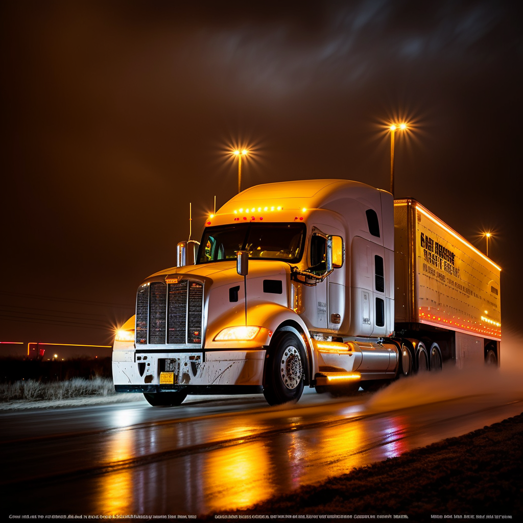 modern freightliner semi on country highway small country town at night after rain fall