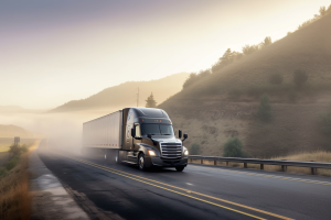 modern semi on country highway in mountains at dawn small town in dew fog