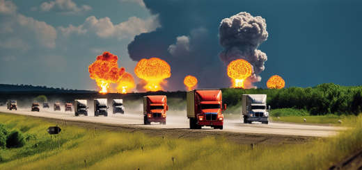 Trucks and trailers in fleet with multiple explosion in background on highway