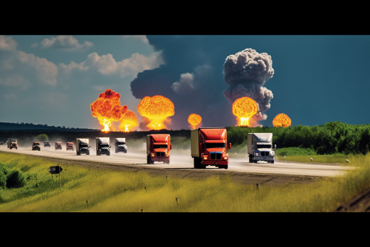 Trucks and trailers in fleet with multiple explosion in background on highway