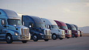 A fleet of trucks lined up, symbolizing the collective power and impact of the trucking industry.