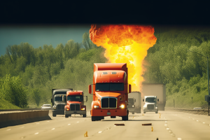 Trucks with explosion in background on highway, Soaring Nuclear Verdicts Trucking