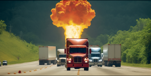 Trucks and trailers with explosion in background on highway