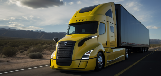 Yellow and Black Semi with Gloss Black Trailer on desert road
