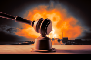 Judges gavel with explosion over highway in background