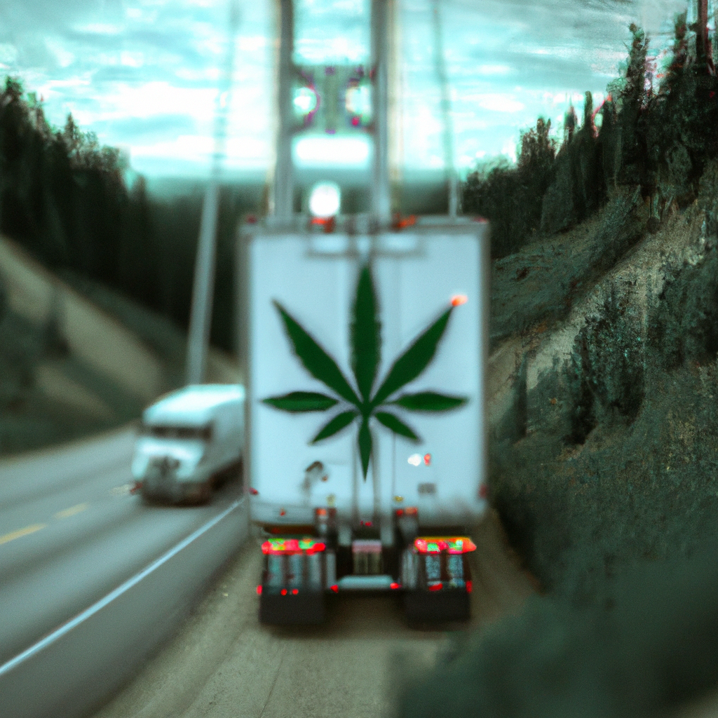 photo of Semis and with marijuana symbols on highways mixed with other cars , stoic cinematic 4k, epic detailed 4k, epic detailed photograph, shot on kodak, detailed bokeh, cinematic hbo, dark moody,anime oil painting, ghibli inspired