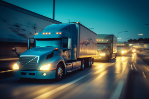 Fleet of modern semi-trucks with trailers navigating a highway, illustrating freight transportation