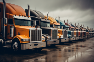 Fleet lineup in rain on asphalt representing trucking industry exodus