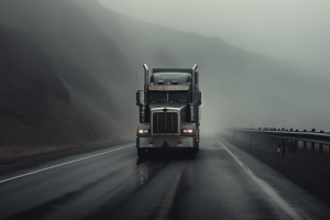 Grey truck on road with foggy background