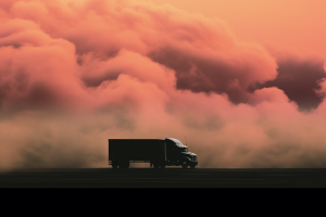 Silhouette of truck on road with clouds in background