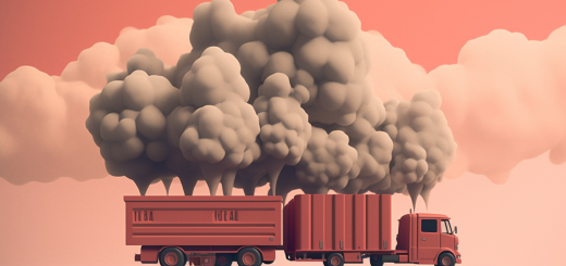 Red truck with Trailers with smog coming out the top, minimalist abstract flat design