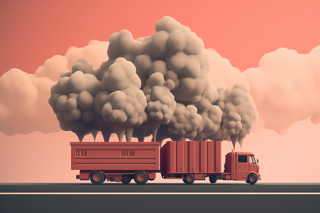 Red truck with Trailers with smog coming out the top, minimalist abstract flat design