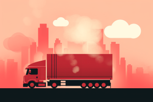 Minimalist red truck with trailer and city in foreground