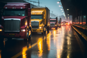 Trucks in traffic jam on drenched and rainy city street