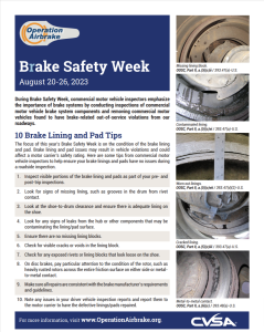 2023 Brake Safety Week flyer with 10 brake lining and pad tips for drivers-operators to avoid violations