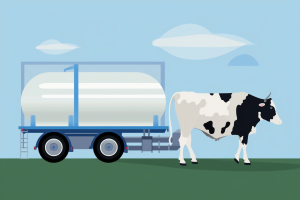 Artistic rendering of a cow transporting a tanker of milk, representing the driver shortage crisis in the milk hauling industry.