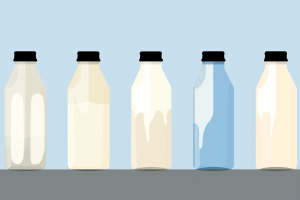 Artistic rendering of a lineup of milk in glass bottles, signifying the rising costs in the dairy industry.