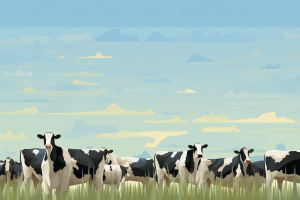 Abstract artwork of dairy cows in a field, symbolizing the urgent need for dairy policy reform due to climate crisis