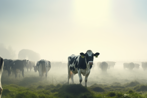 Artistic rendering of dairy cows in a field, illustrating the vast distances between cows and Class I markets.