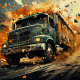 Artistic render of truck crashing through a force