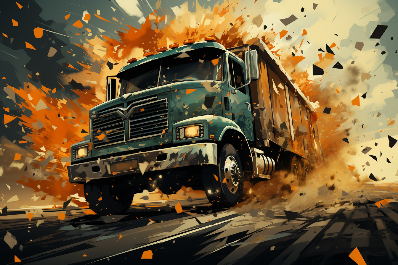 Artistic render of truck crashing through a force