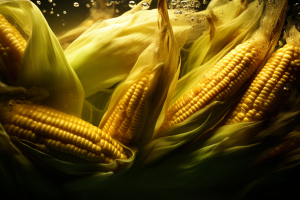 Corn on the cob submerged in a beaker of ethanol, highlighting the biofuel debate