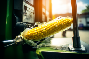 Corn cob being filled with fuel from a pump nozzle, symbolizing ethanol's role in fuel