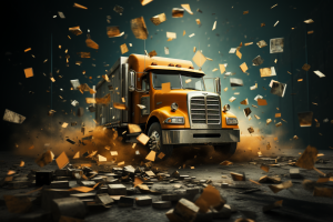 Cash falling around a heavy duty truck driving, 2022 Record Trucking Costs
