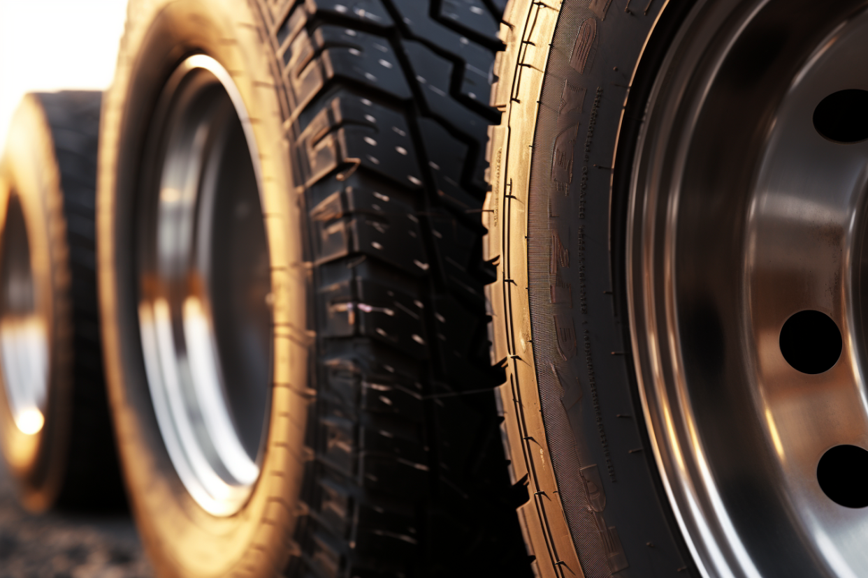 Closeup of truck tires in sunset