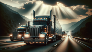 Artistic image of heavy-duty trucks driving on a highway representing Trucking Industry Growth in 2024