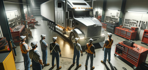A scene in a spacious garage with workers, wearing caps. They are focused on a large, realistic heavy-duty truck.